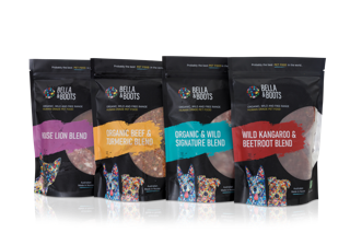 4 packs on white background. House Lion Blend, Organic Beef & Tumeric, Organic & Wild Signature Blend and Wild Kangaroo and Beetroot Blend