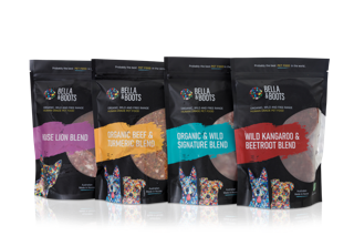 4 packs on white background. House Lion Blend, Organic Beef &amp; Tumeric, Organic &amp; Wild Signature Blend and Wild Kangaroo and Beetroot Blend