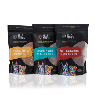 3 pack example on white background. Organic Beef & Tumeric, Organic & Wild Signature Blend and Wild Kangaroo and Beetroot Blend